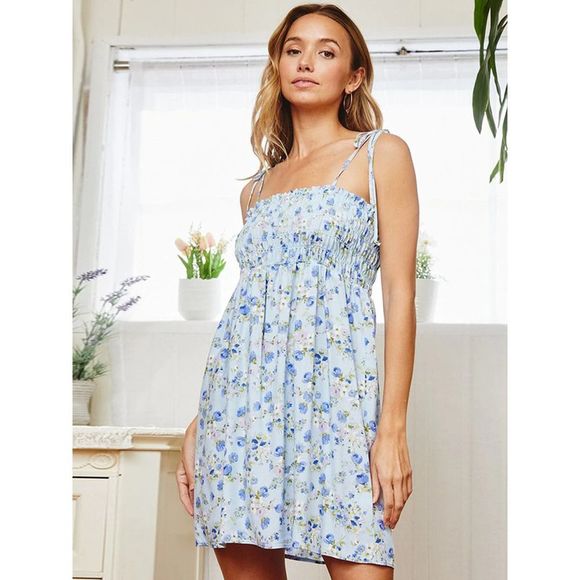 Ice Blue Tie Sleeve Floral Mini Dress - Picture 1 of 4